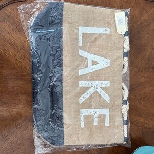 Mudpie Beige and Black Tote Bag with LAKE Print